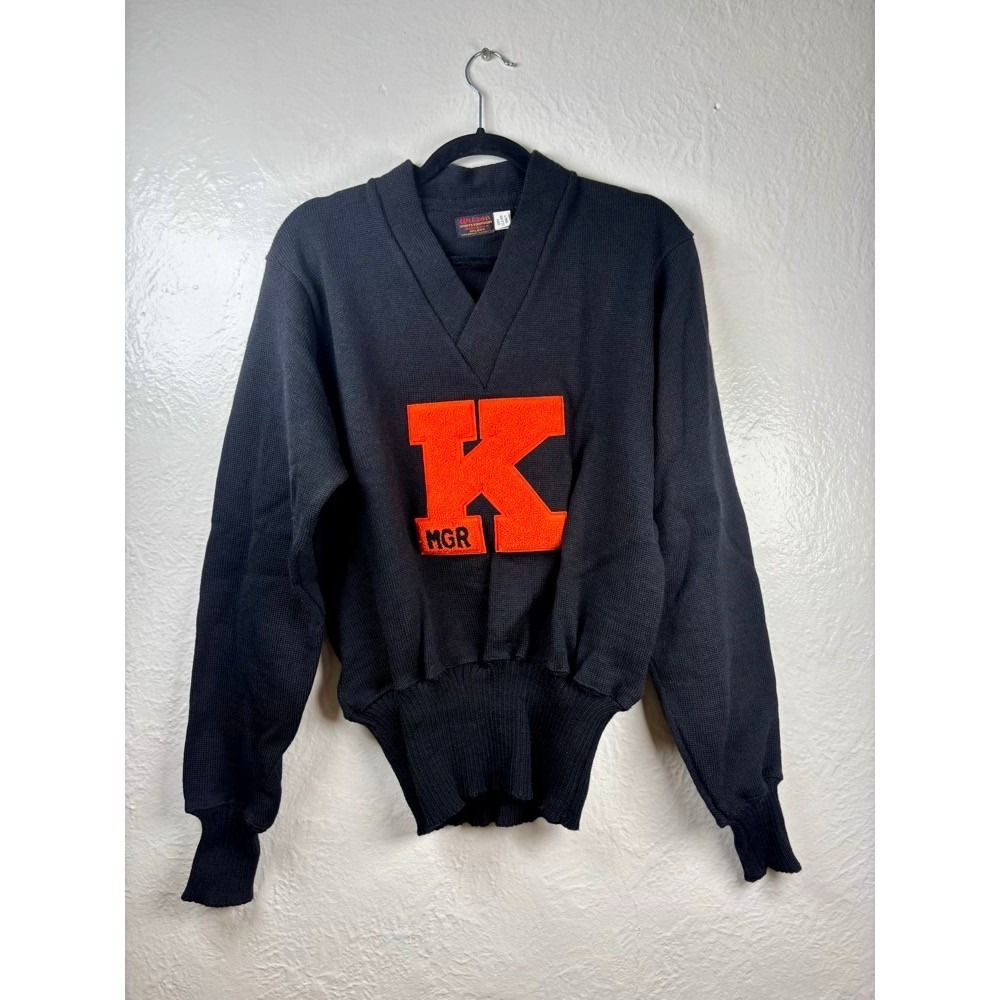 Vtg Wilson Varsity Letterman Sweater Mens‎ 42 Wool Black Manager USA Orange